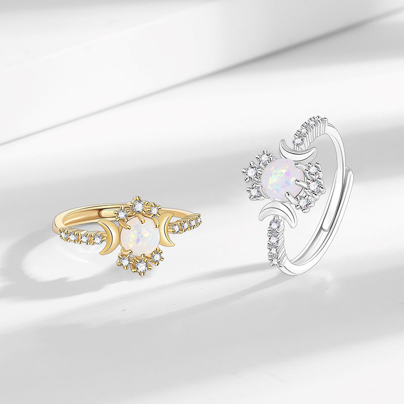 Platinum Round White Opal Glossy Double Moon Edge