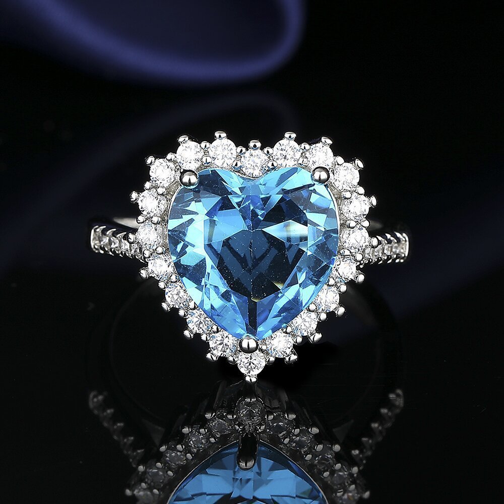 European And American Aquamarine Colored Gems Necklace Ear Stud Ring Women's