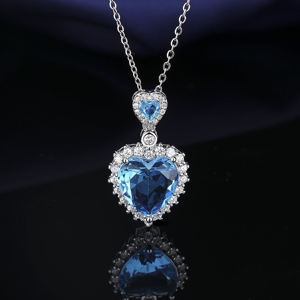 European And American Aquamarine Colored Gems Necklace Ear Stud Ring Women's