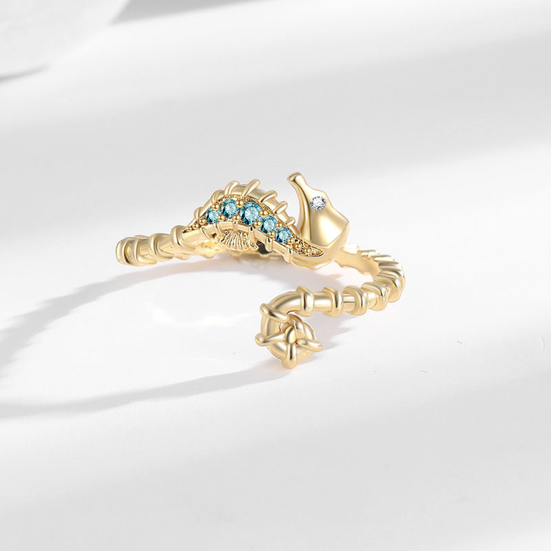 Ocean Seahorse Open Ring Female Inlaid With Green Zirconium
