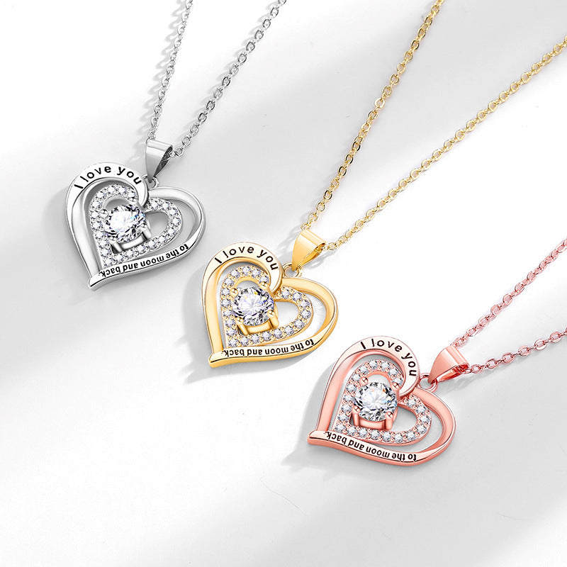 Birthstones Necklace Women's Double Weight Heart Shape With Diamond