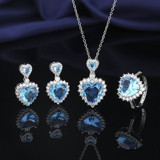 European And American Aquamarine Colored Gems Necklace Ear Stud Ring Women's