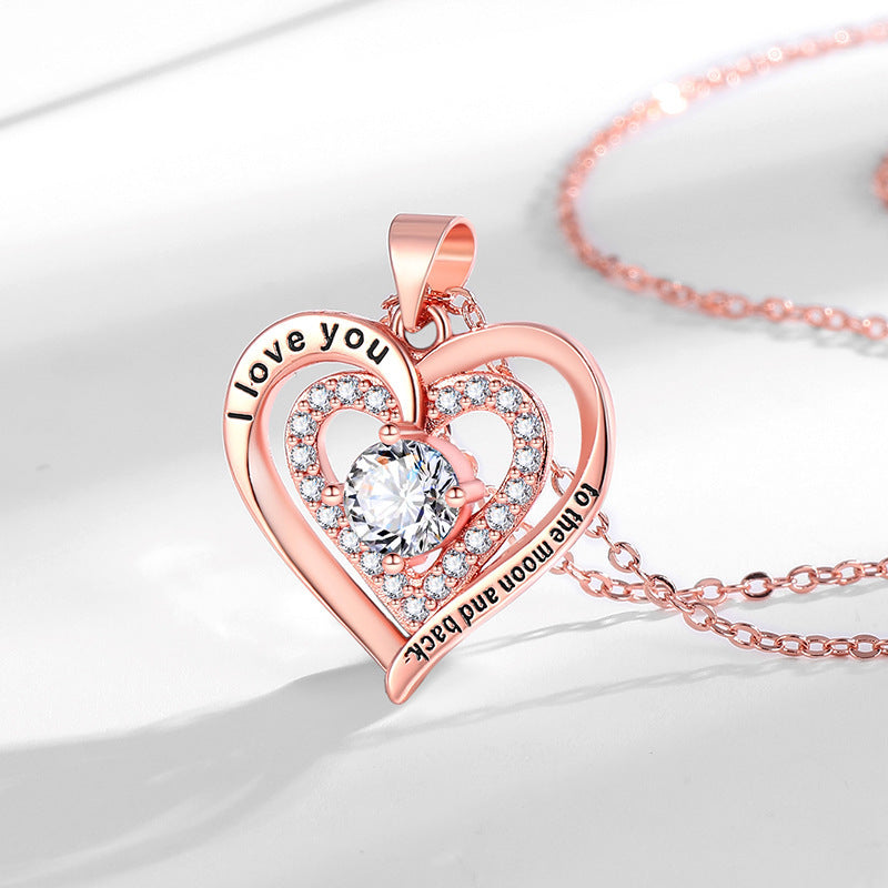 Birthstones Necklace Women's Double Weight Heart Shape With Diamond