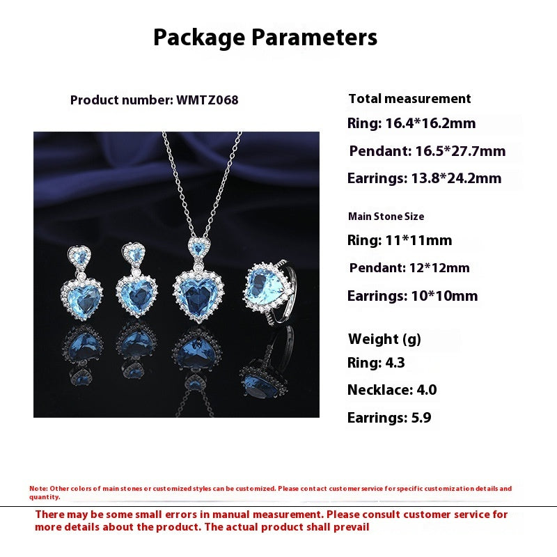 European And American Aquamarine Colored Gems Necklace Ear Stud Ring Women's