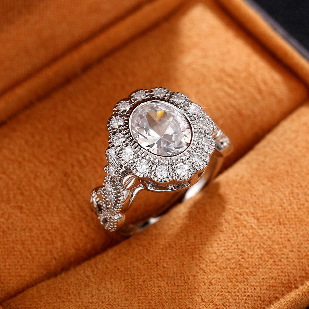 Full Diamond Copper Plating Round Diamond Zircon Ring Female European And American Luxury