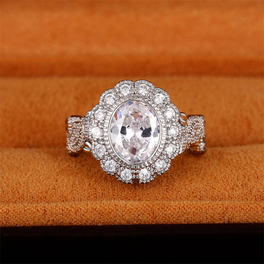 Full Diamond Copper Plating Round Diamond Zircon Ring Female European And American Luxury