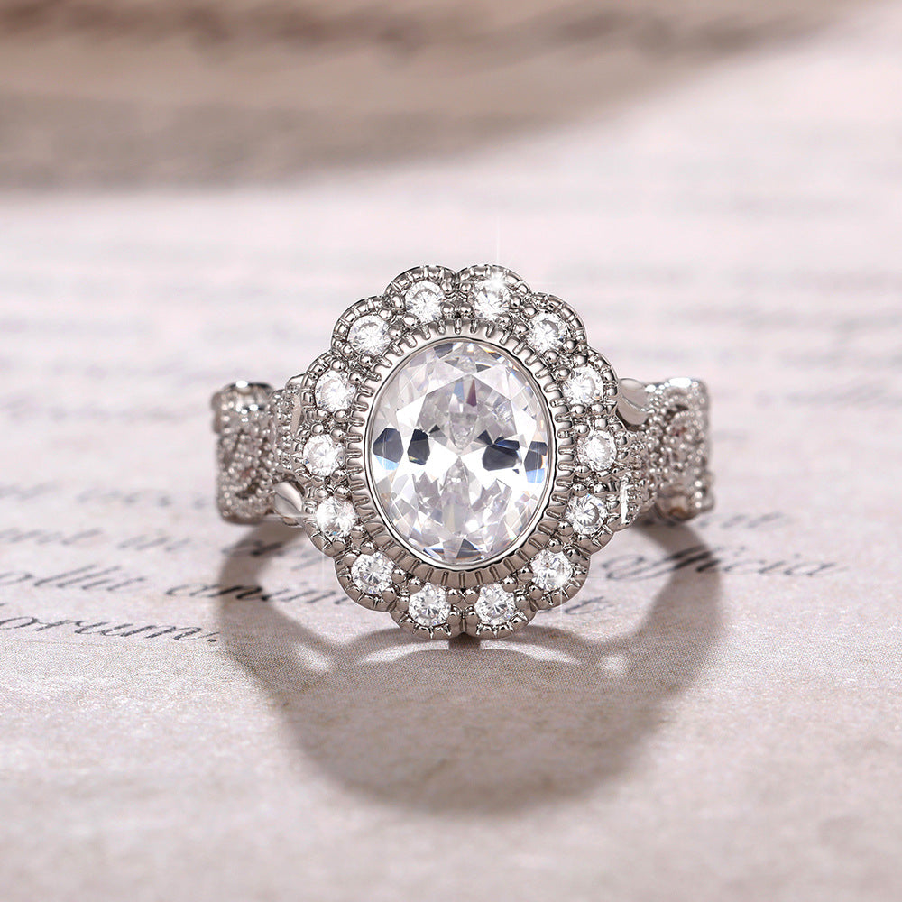 Full Diamond Copper Plating Round Diamond Zircon Ring Female European And American Luxury