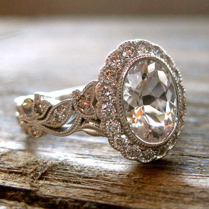 Full Diamond Copper Plating Round Diamond Zircon Ring Female European And American Luxury