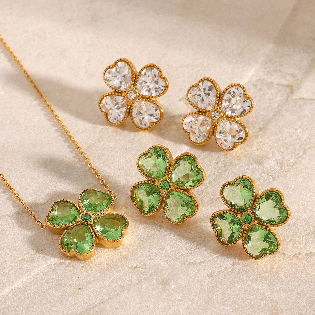 Stainless Steel Zircon Four-leaf Clover Heart Necklace Jewelry