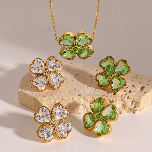 Stainless Steel Zircon Four-leaf Clover Heart Necklace Jewelry