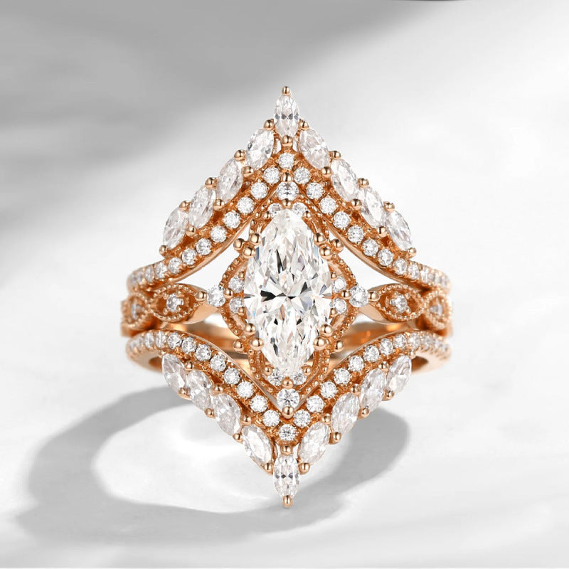 Crown Horse Eye Diamond Ring Set Copper Luxury