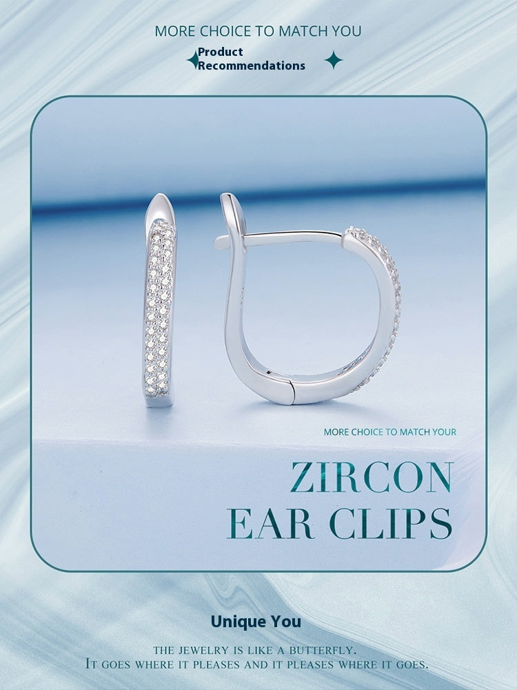 Sterling Silver S925 Simple Zircon Ear Clip White Gold Plated Smooth